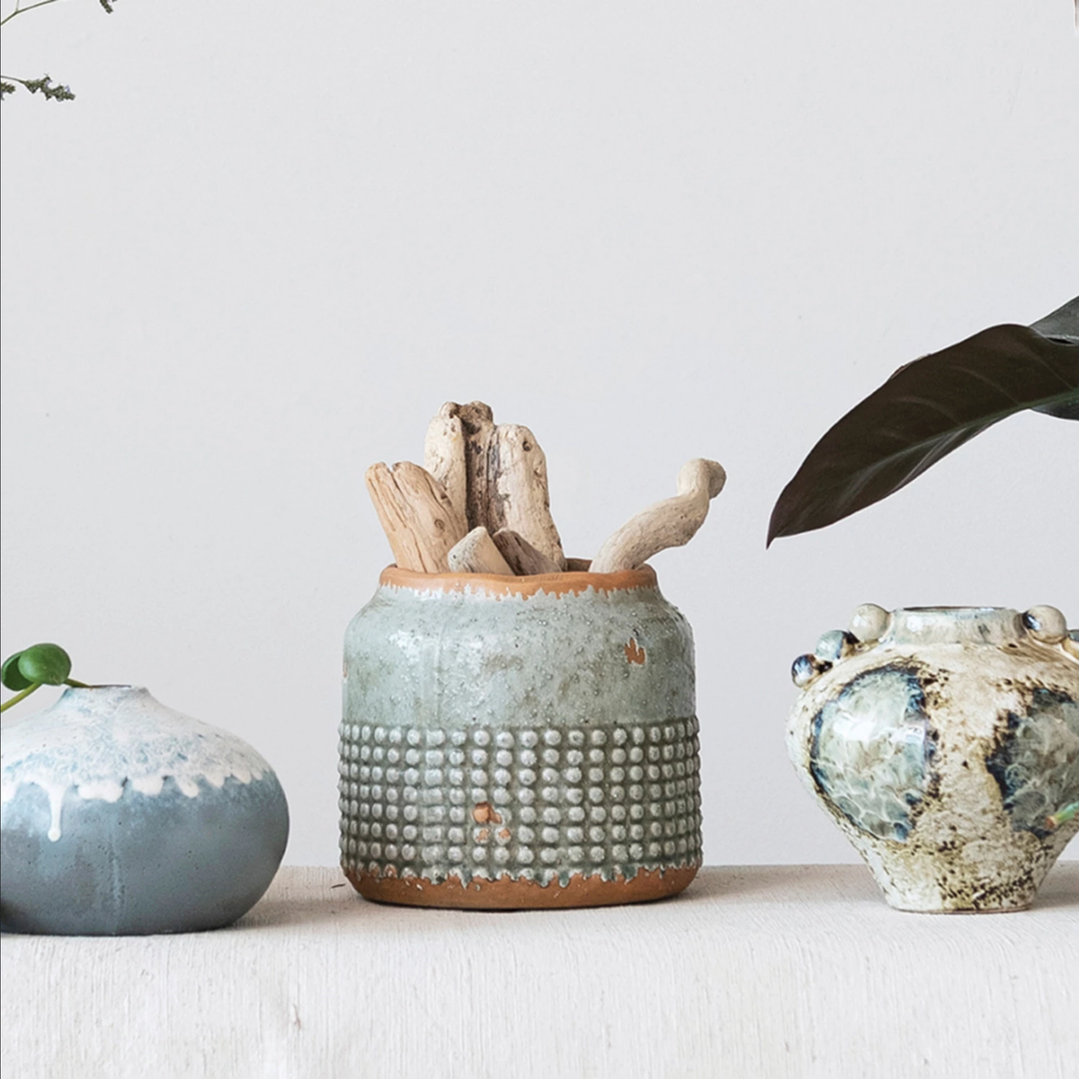 Terra-cotta Hobnail Planter/Vase, Heavily Distressed Finish, Light Blue — alternate view 2
