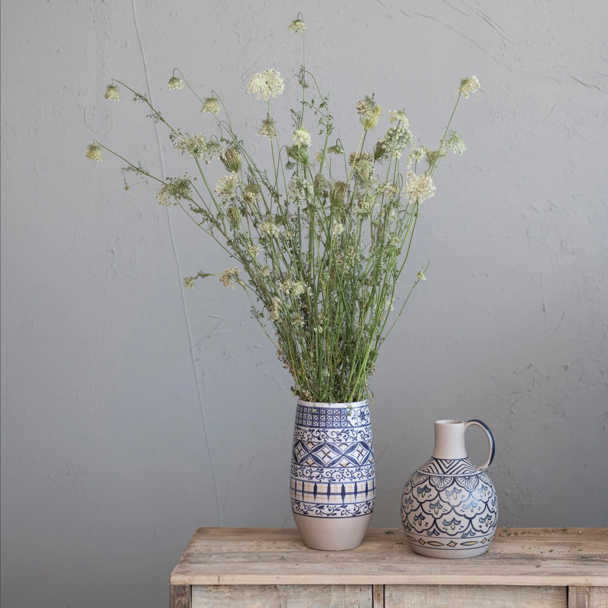 Hand-Painted Stoneware Vase w/ Handle, Blue & White — alternate view 2