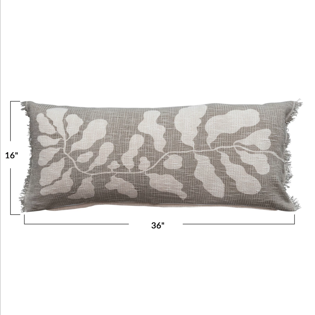 Cotton Lumbar Pillow w/ Botanical Print & Fringe, Sage Color & Natural — alternate view 2