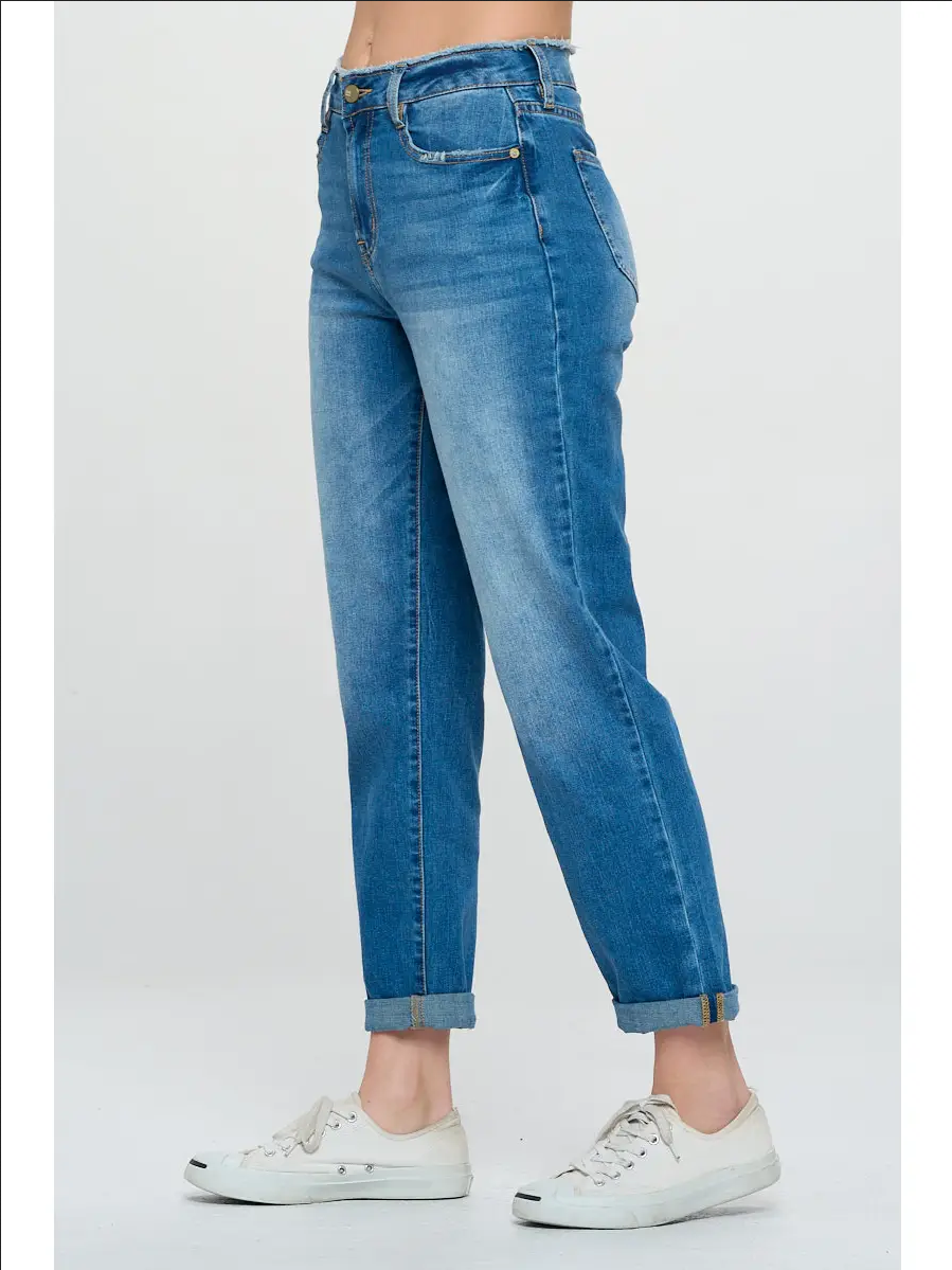 Medium Wash - High Rise Roll Up Boyfriend Jeans — alternate view 2