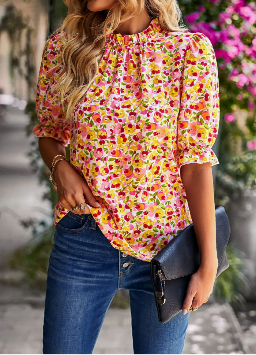 Floral Print Mock Neck Half Sleeve Blouse Pink — alternate view 2