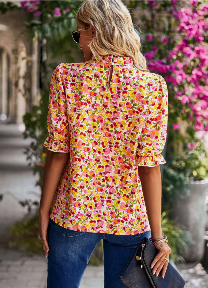 Floral Print Mock Neck Half Sleeve Blouse Pink — alternate view 4