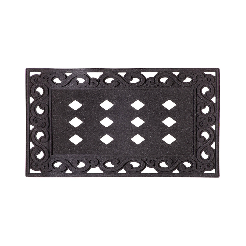 Black scrollwork sassafras mat tray with diamond cutouts, durable rubber outdoor doormat frame for decorative inserts.