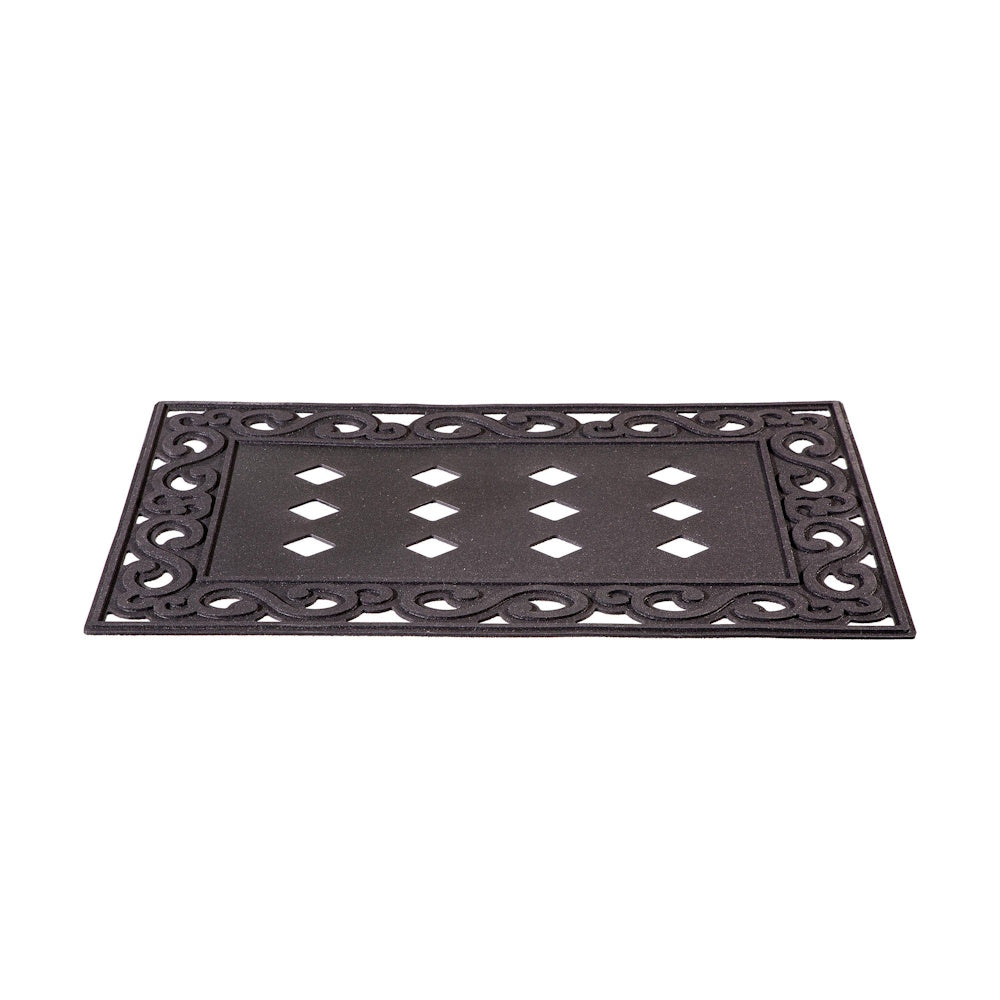 Black decorative scrollwork sassafras mat tray with diamond cutouts on a white background for home entryway.