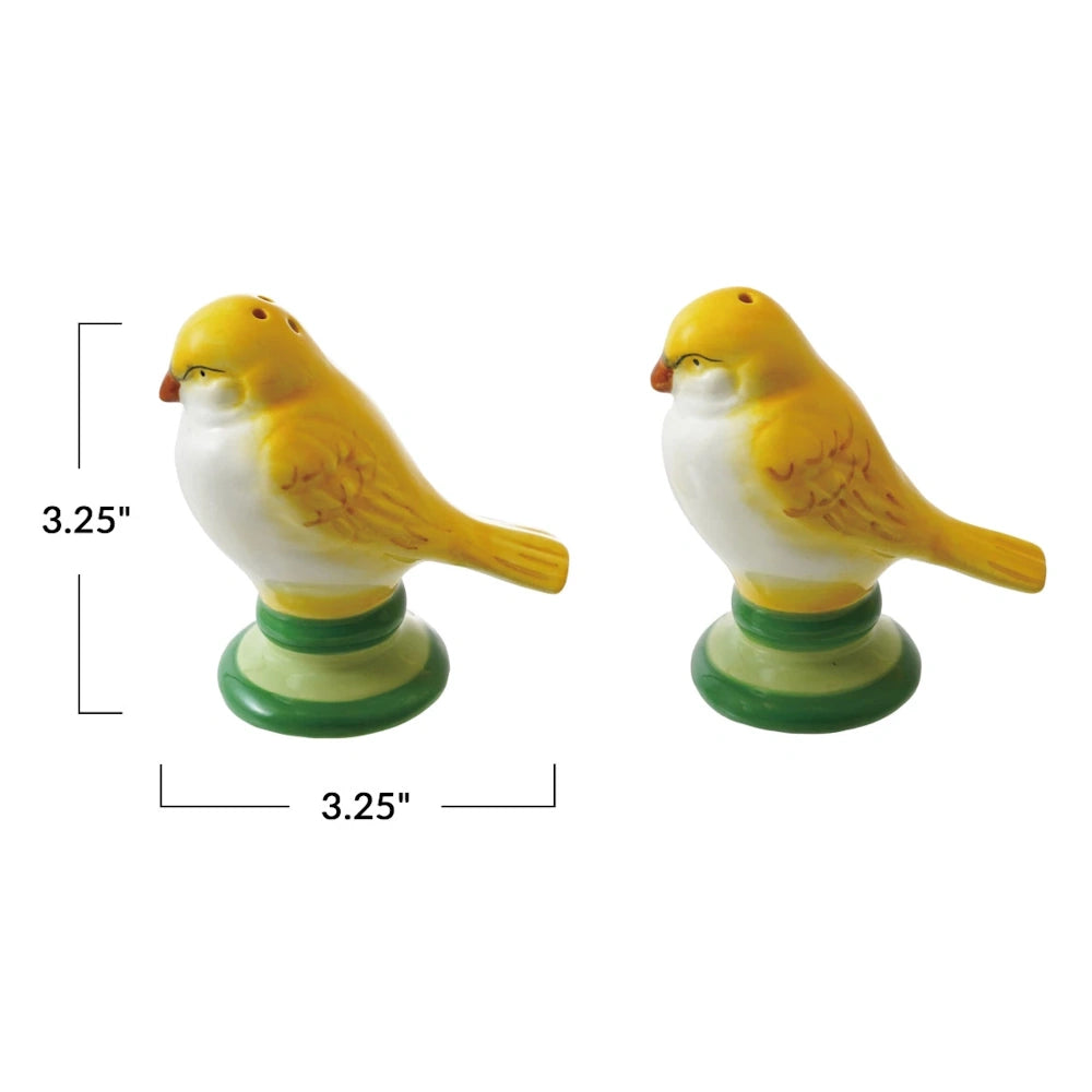 Yellow bird ceramic salt and pepper shakers on green stands, 3.25 inches tall and wide, vintage kitchen tabletop decor.