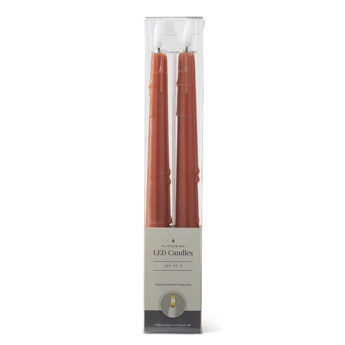 A set of two rust, faux-drip LED taper candles inside clear plastic packaging, on a white background.