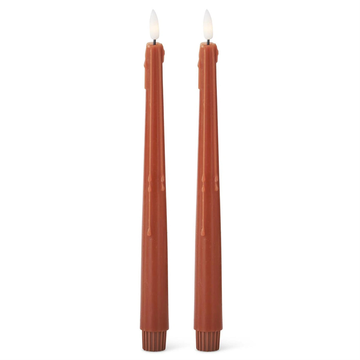 A pair of rust LED taper candles featuring realistic faux wax drips and frosted flame tips.