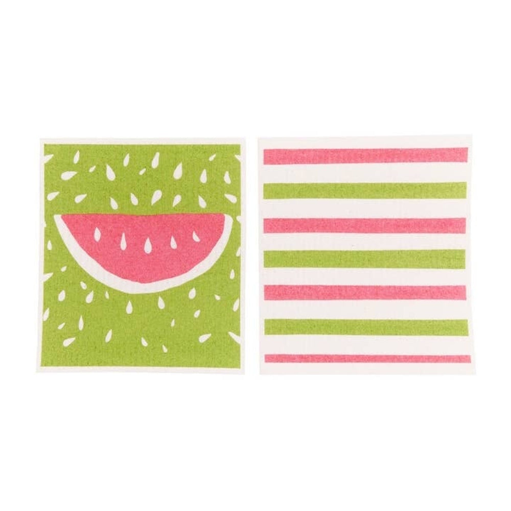 Two Swedish dishcloths: one with a watermelon slice on green background, one with pink and green stripes.