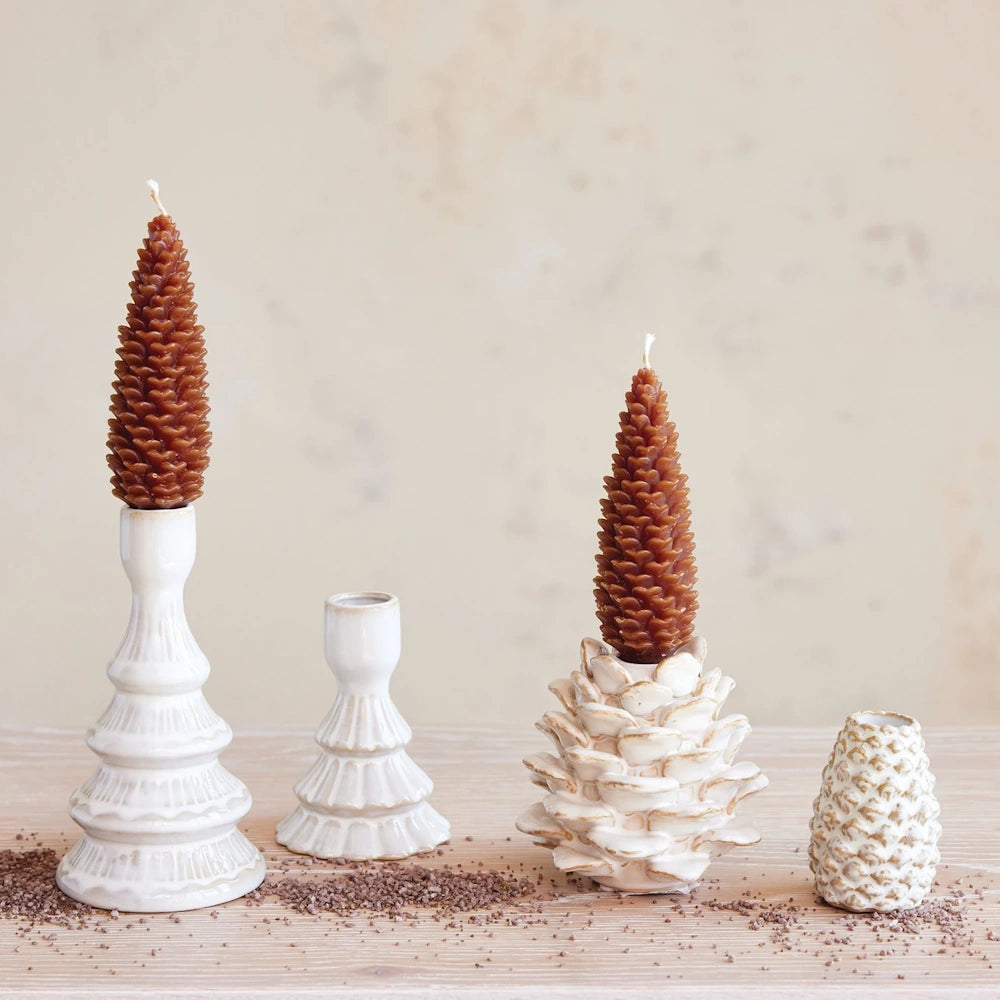 Set of 2 White Stoneware Tree Shaped Taper Holders