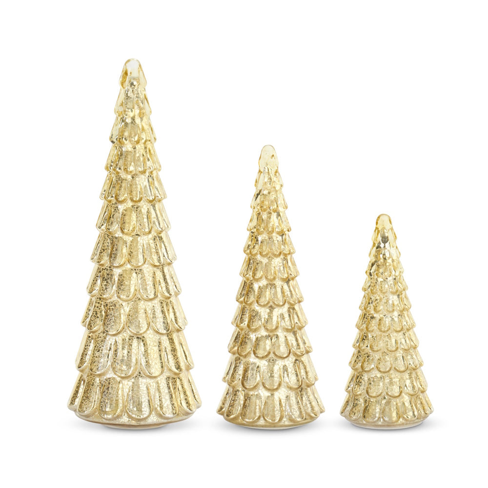 Set of three gold mercury glass LED Christmas trees in varying heights on a plain white background.