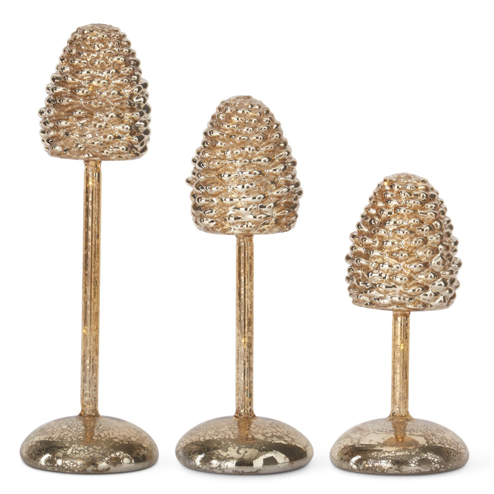 Set of 3 gold mercury glass pinecone finials on slender stems with rounded bases.