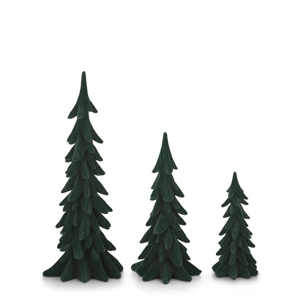 Front view of a set of three dark green velvet Christmas tree figurines in varying heights.