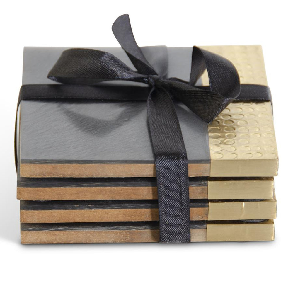 Set of 4 Gray Marbled Resin & Textured Brass Coasters — alternate view 3