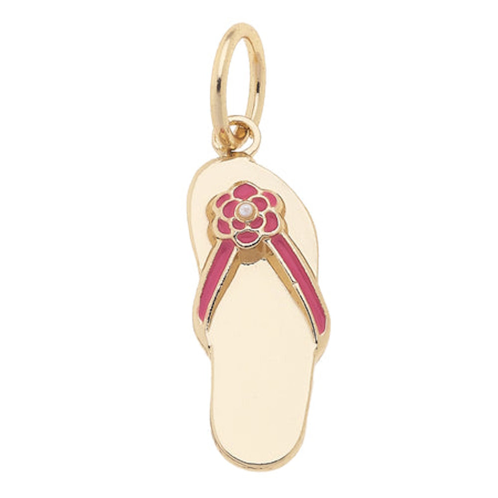 Gold flip-flop charm with pink enamel straps and a flower detail at the toe.