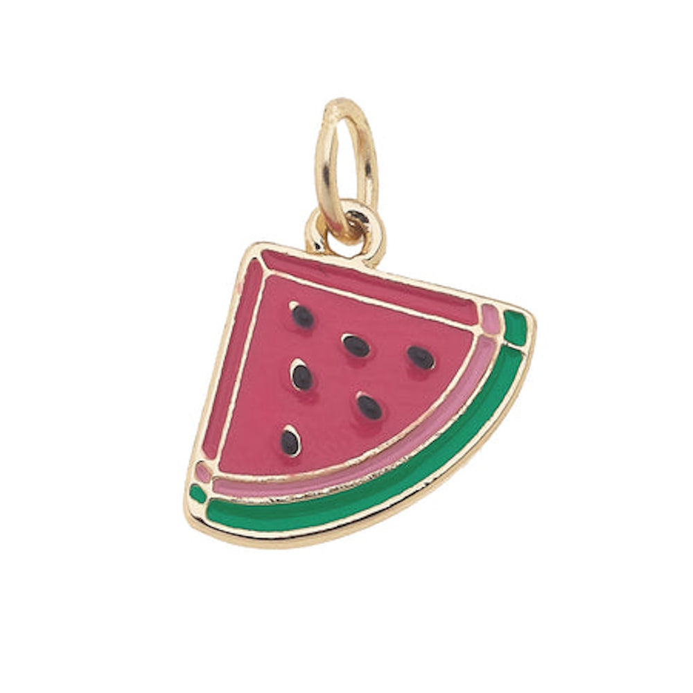 A shiny gold charm shaped like a watermelon slice with pink, light pink, and green enamel details.