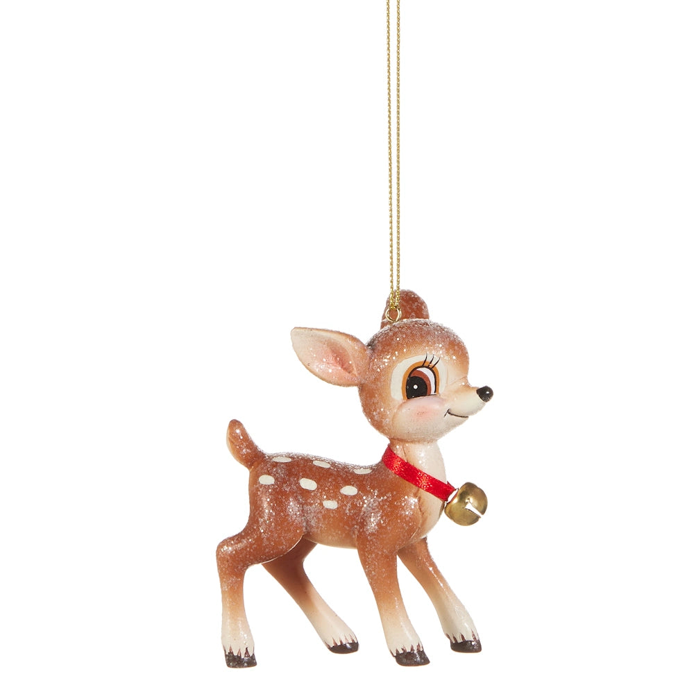 Side view of a cute deer Christmas tree ornament with a red collar and gold bell.
