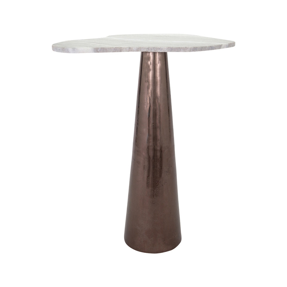 Modern side table with an asymmetrical marble top and a metallic bronze, cone-shaped pedestal base.