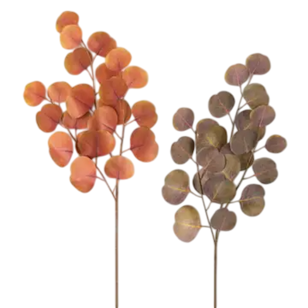 Two stems of faux silver dollar eucalyptus, one with orange leaves and the other with muted green leaves.
