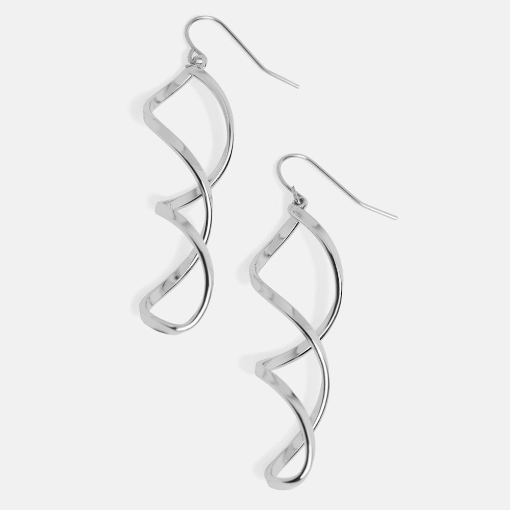 Pair of sleek silver spiral dangle earrings with a polished finish and fishhook backings on a white background.