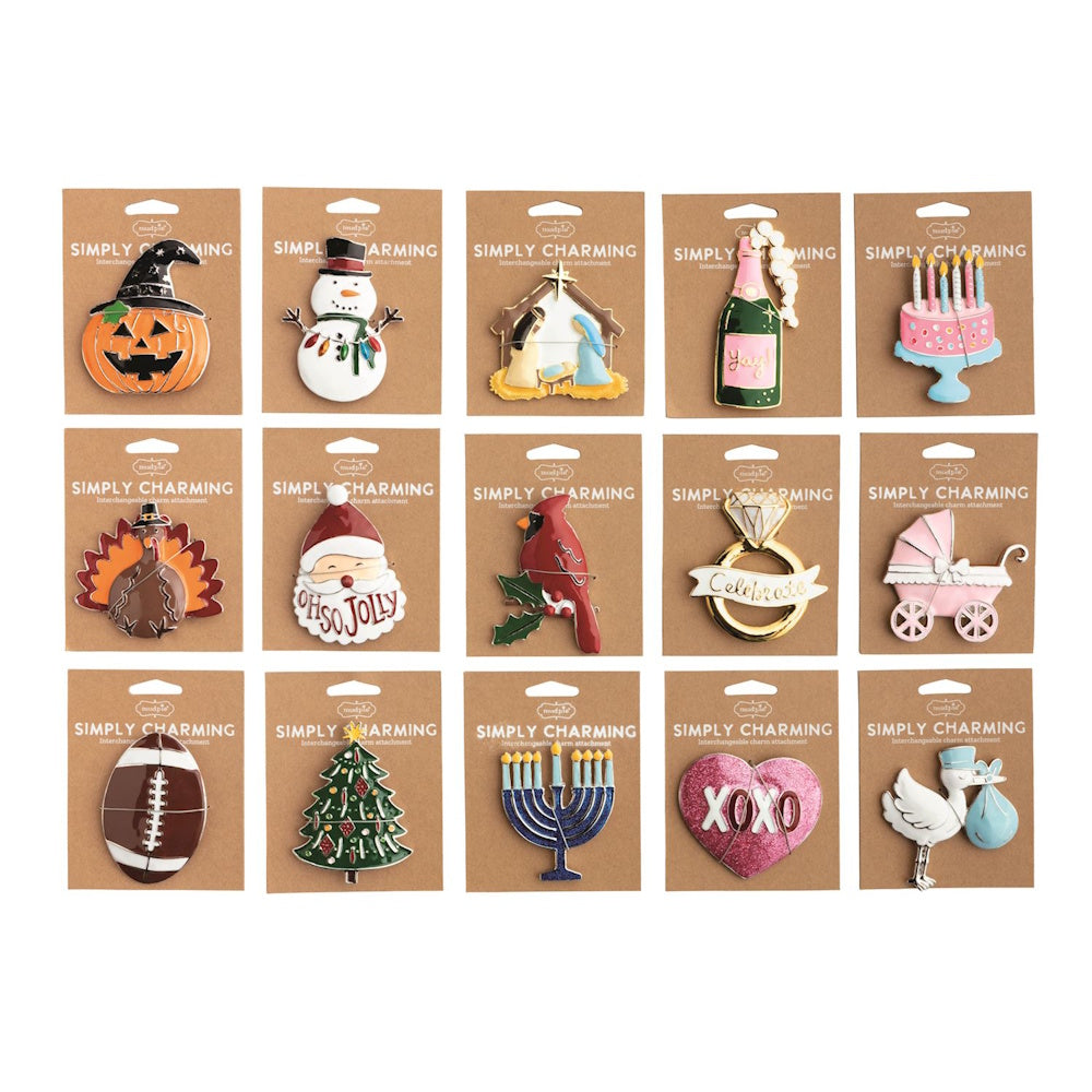 Mud Pie Simply Charming holiday and celebration interchangeable charms collection on kraft backing.