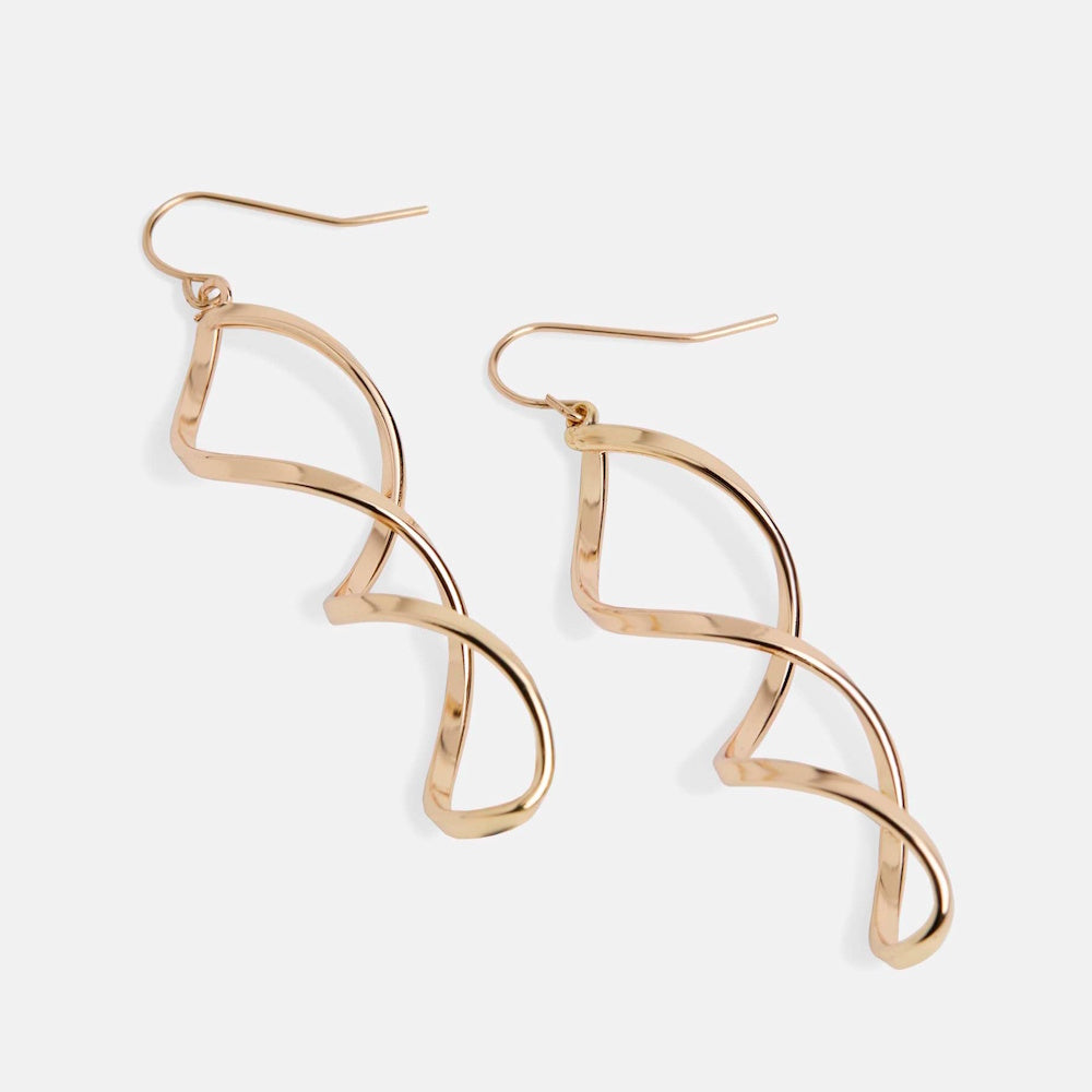 Sleek gold spiral dangle earrings with a polished finish and fishhook backings, shown on a plain white background.