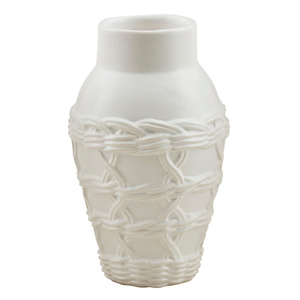White woven stoneware bud vase featuring an embossed cane-weave texture and matte finish on a white background.
