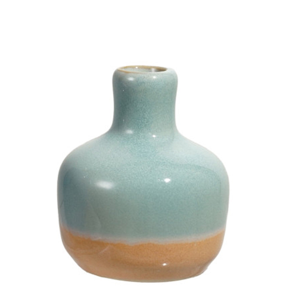 A small, two-tone stoneware vase with a glossy aqua upper body and a sandy beige base on white background.