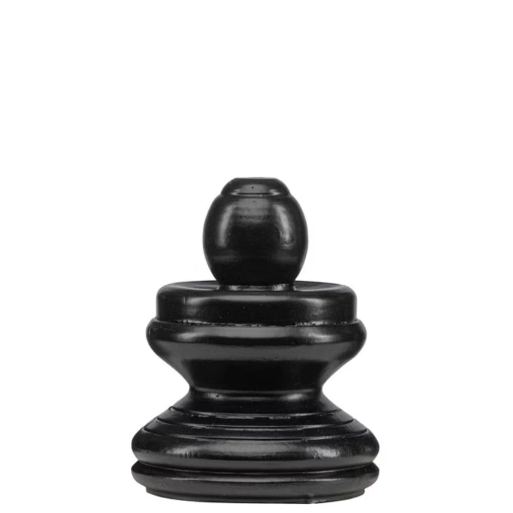 Front view of a short black wooden display pole with a round-topped finial.