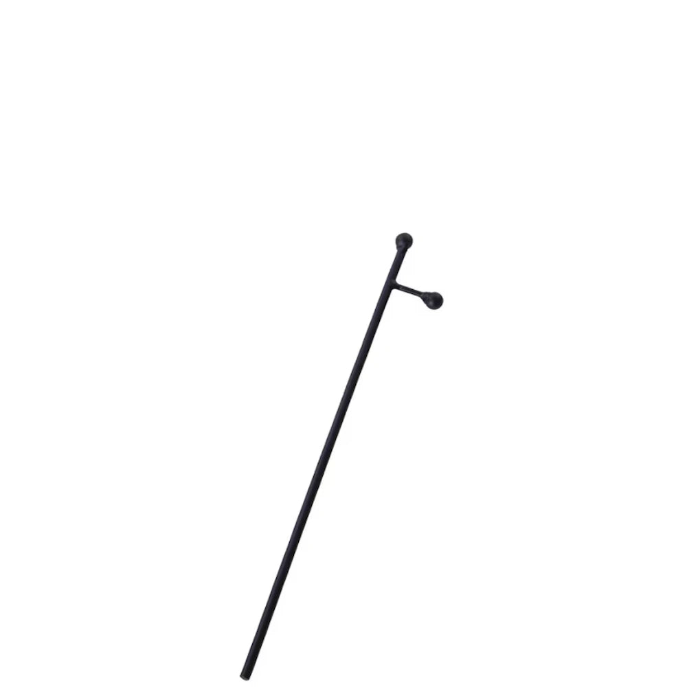 Front view of a small black metal charm display stake with a single arm.