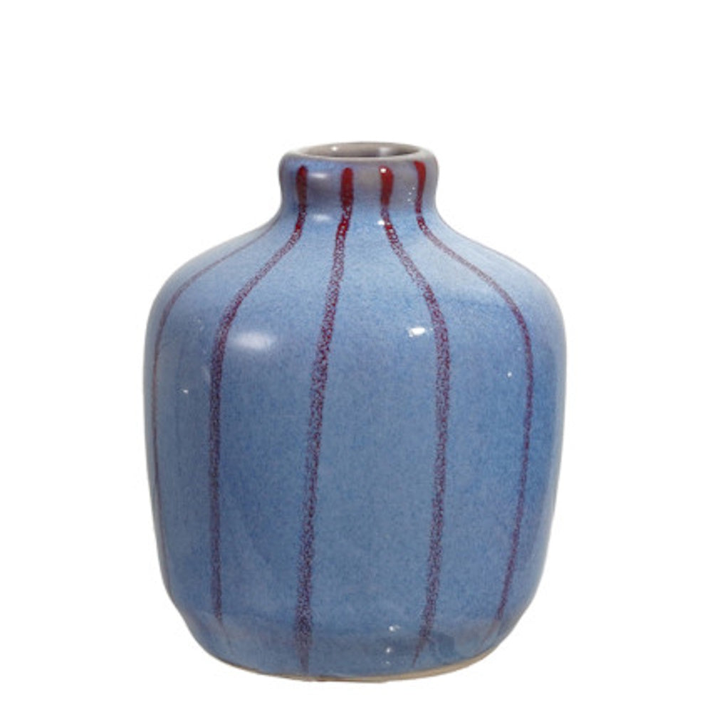 Small blue reactive glaze hand-painted stoneware vase with vertical brown stripes on white background.