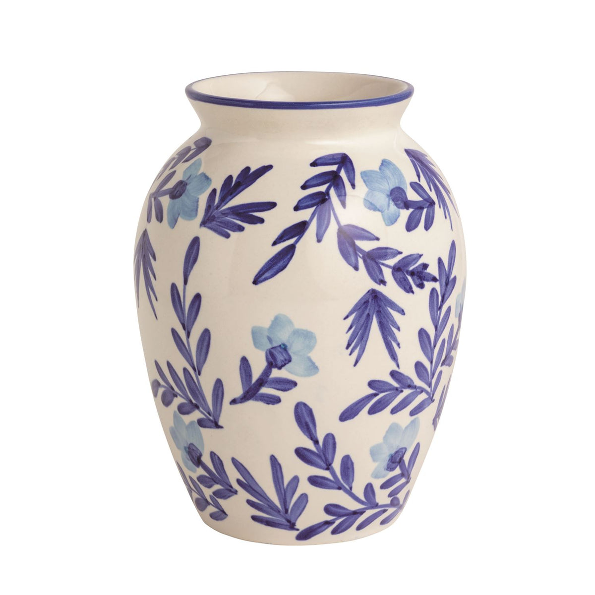 Blue and white ceramic vase featuring a hand-painted floral vine pattern and a tapered silhouette.