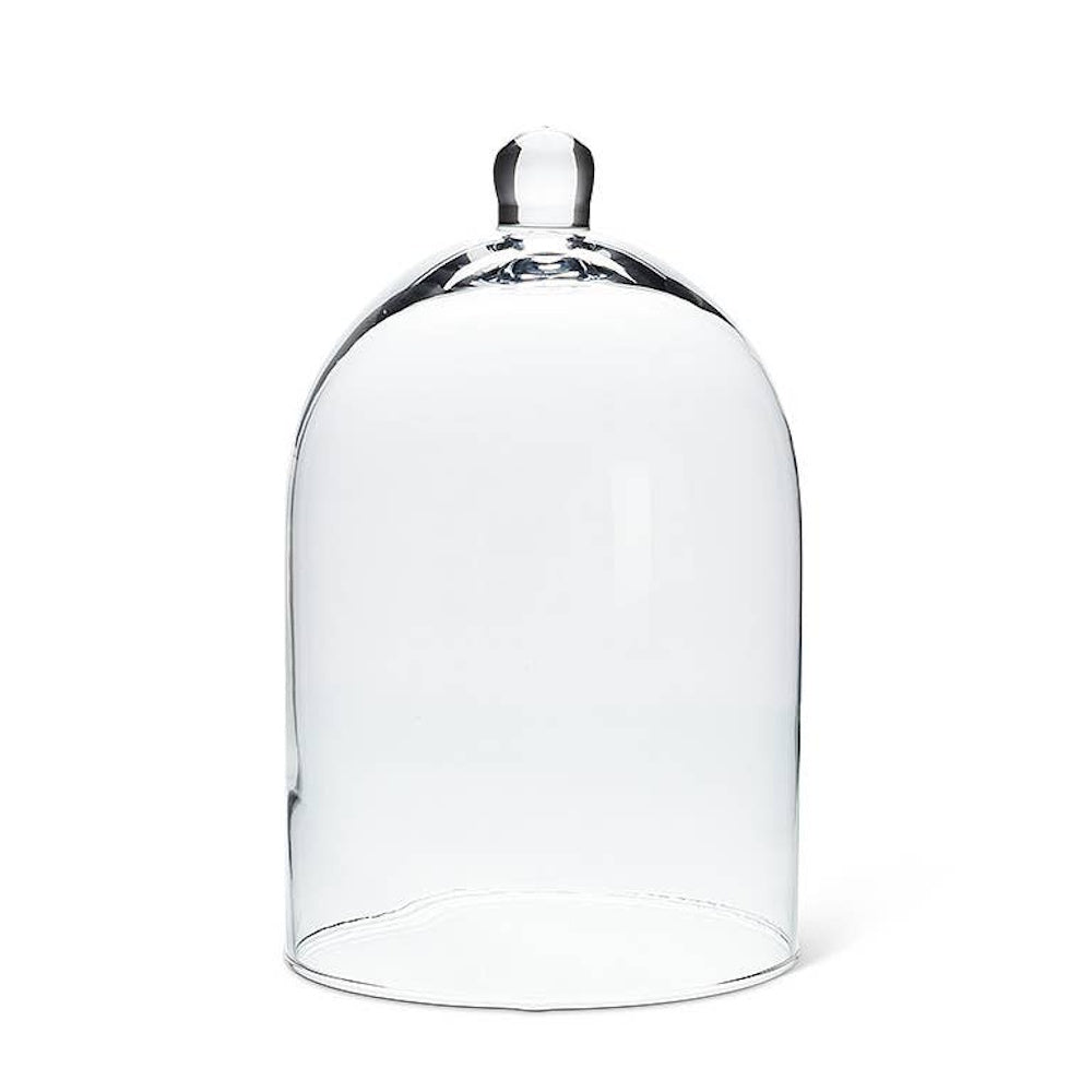 Clear glass bell jar cloche dome with a round top knob on a white background.