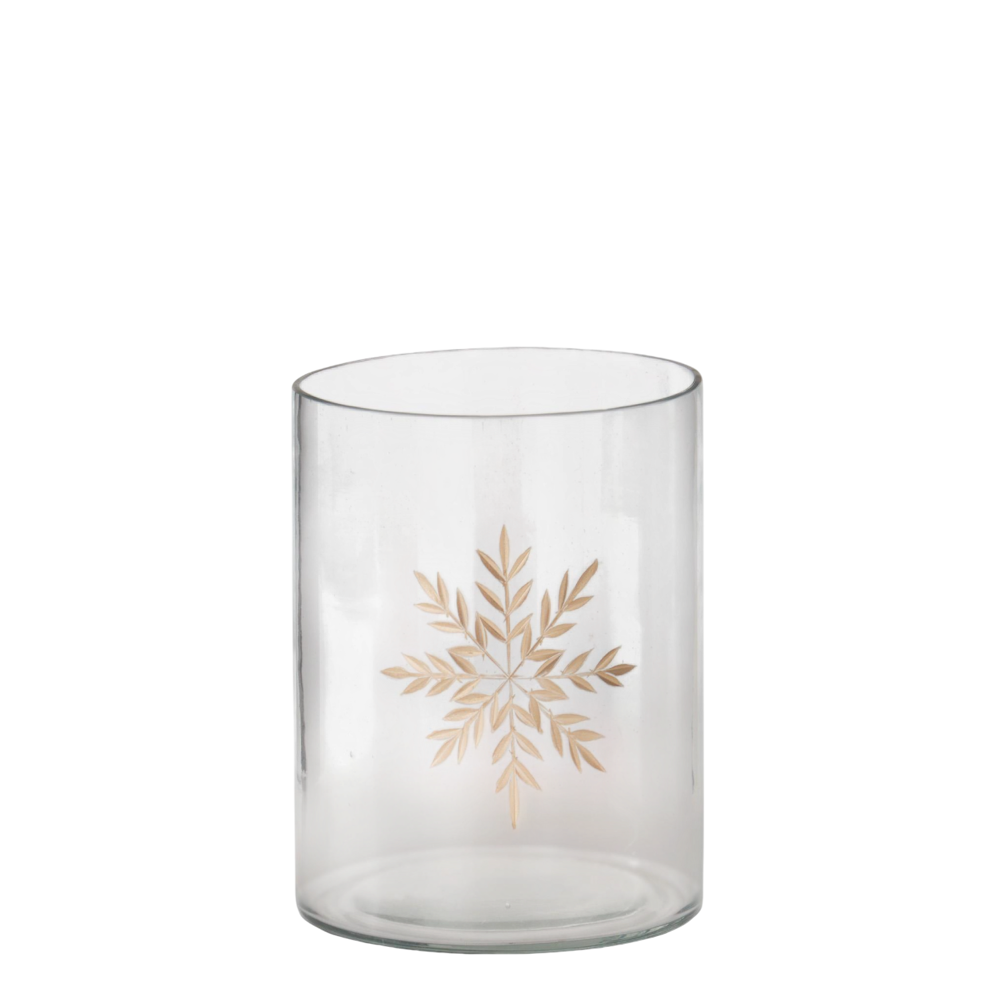Small clear glass container with an etched gold snowflake design on a white background.