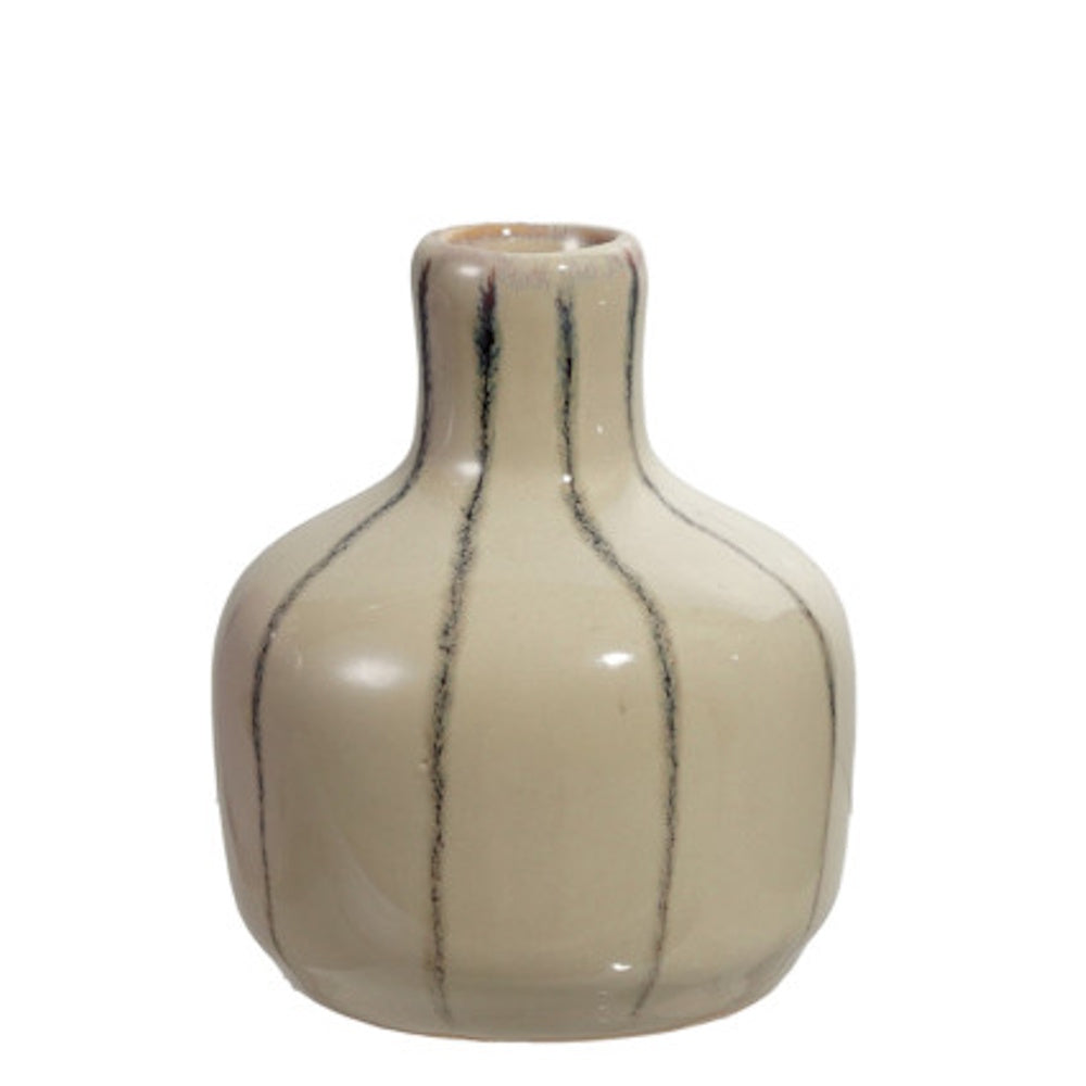 Small, cream-colored reactive glaze stoneware bud vase with dark, vertical hand-painted stripes.