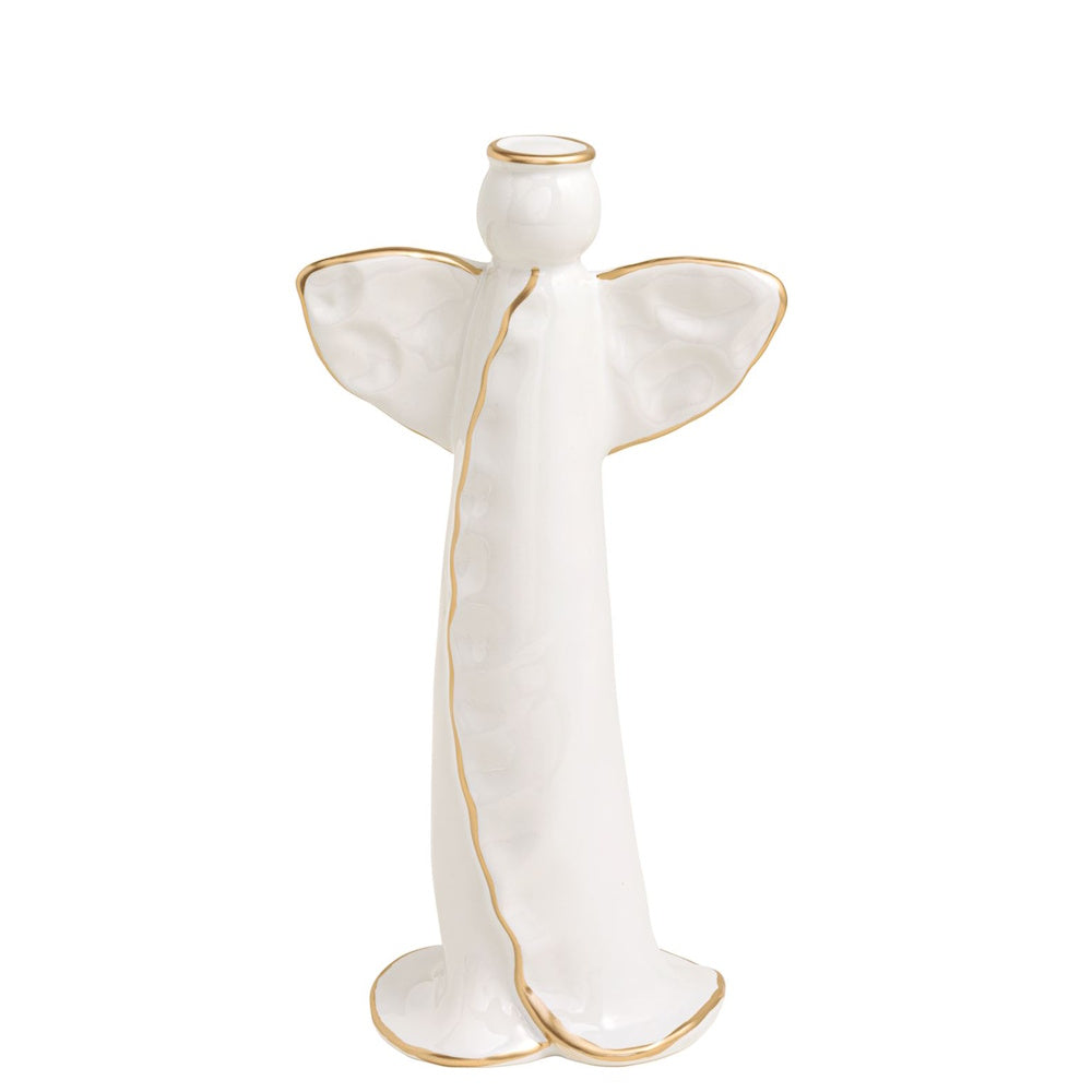 White ceramic angel figurine with gold-trimmed wings, halo, and robe accents.