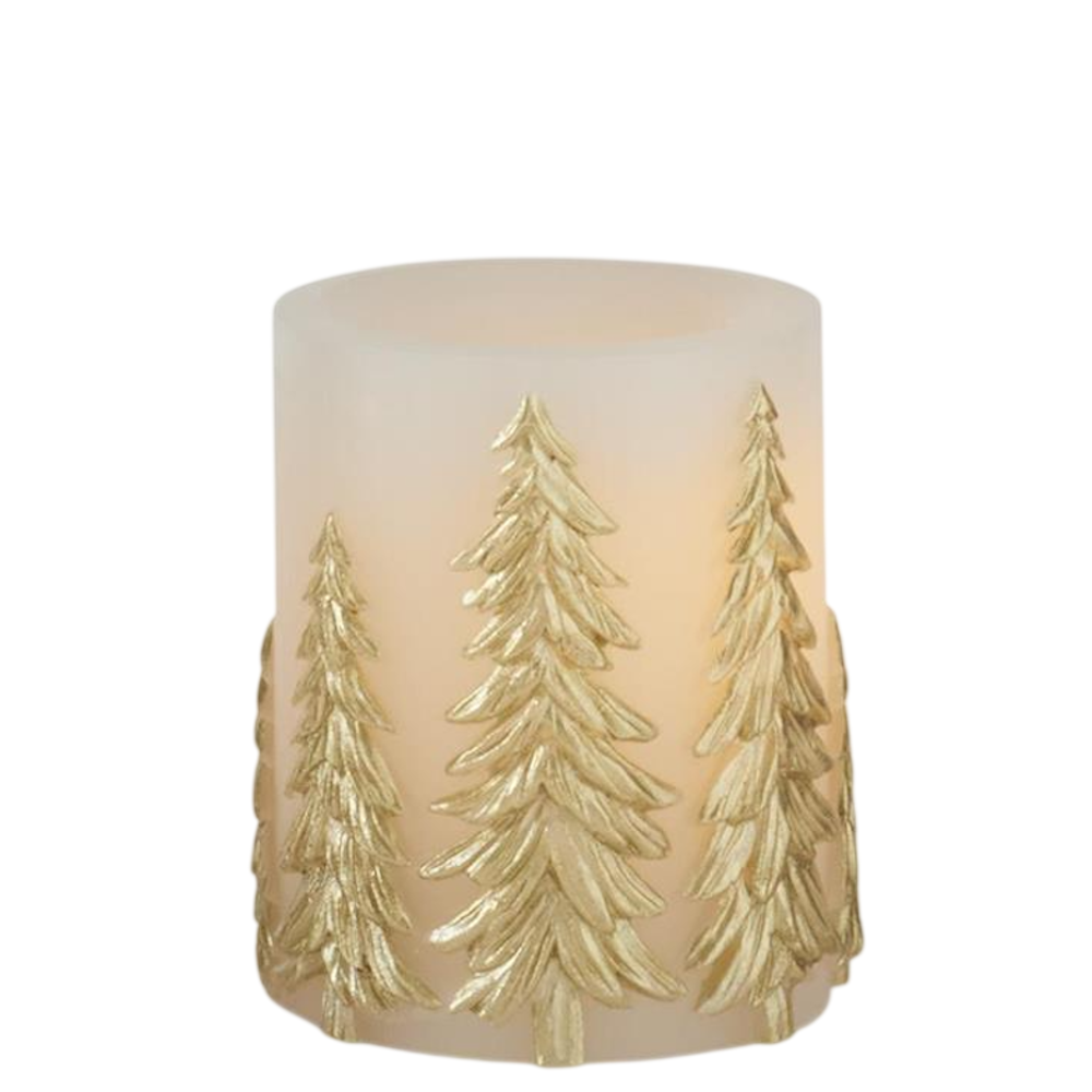 A small LED pillar candle featuring an embossed gold tree pattern.