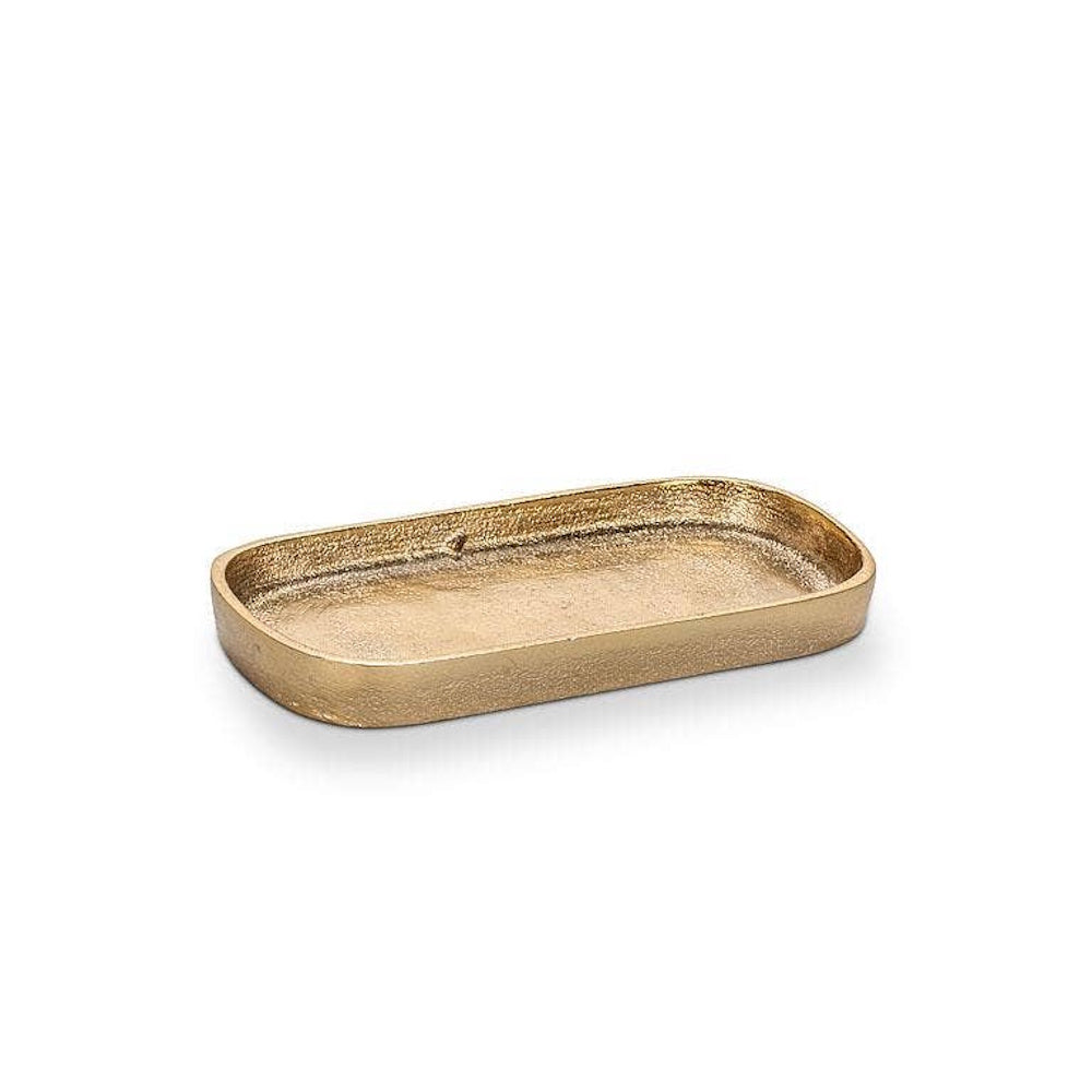 Small textured gold metal tray with rounded corners, empty on a plain white background.