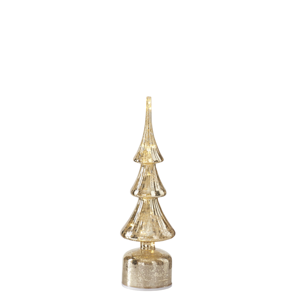 Small illuminated gold mercury glass Christmas tree decoration with ribbed tiers, set on a white background.