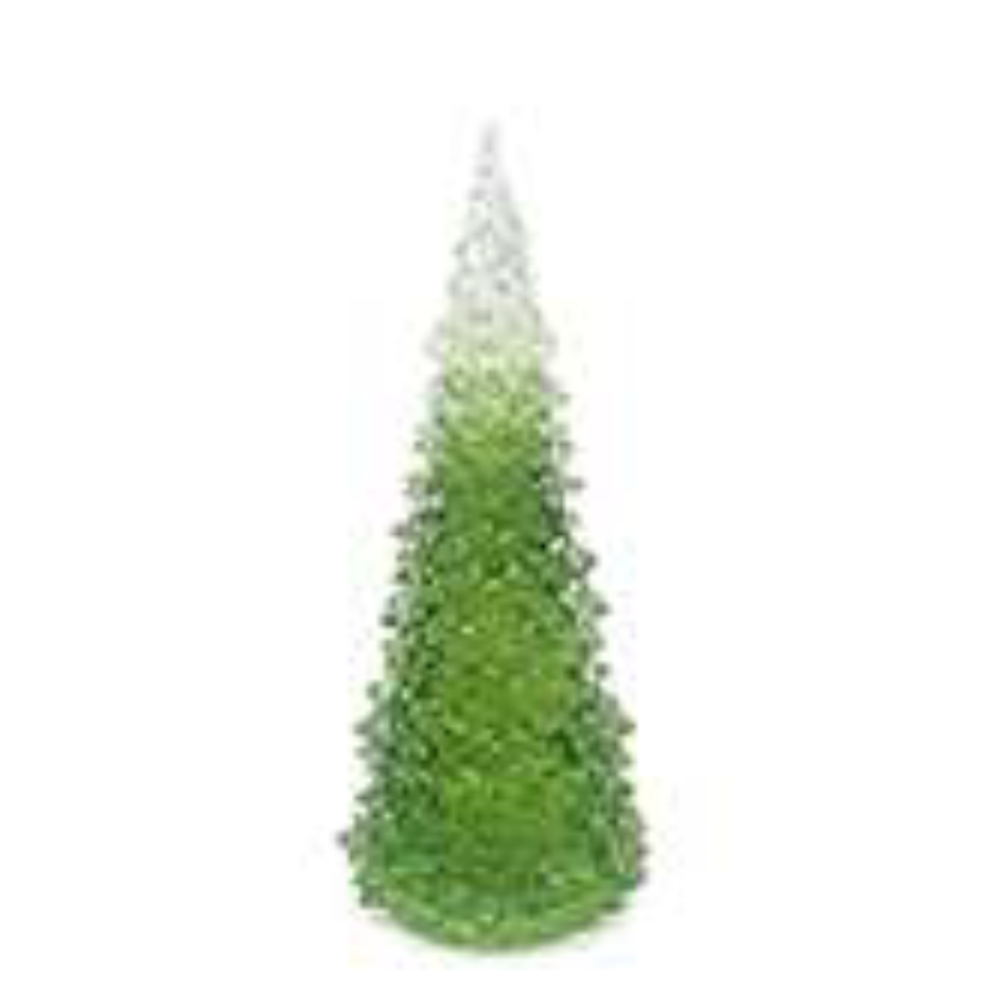 Small green glass Christmas tree figurine with a frosted white top from a front view.