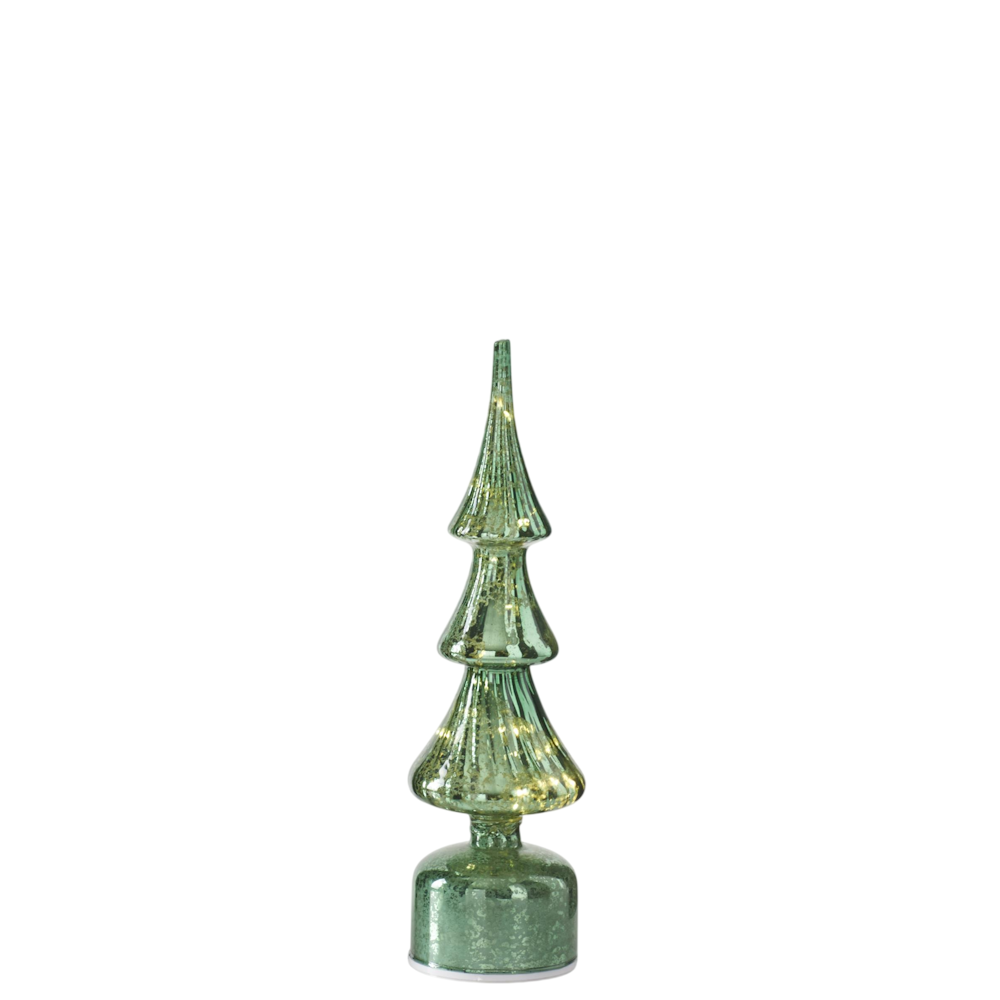 A small illuminated green ribbed mercury glass Christmas tree decoration isolated on a white background.