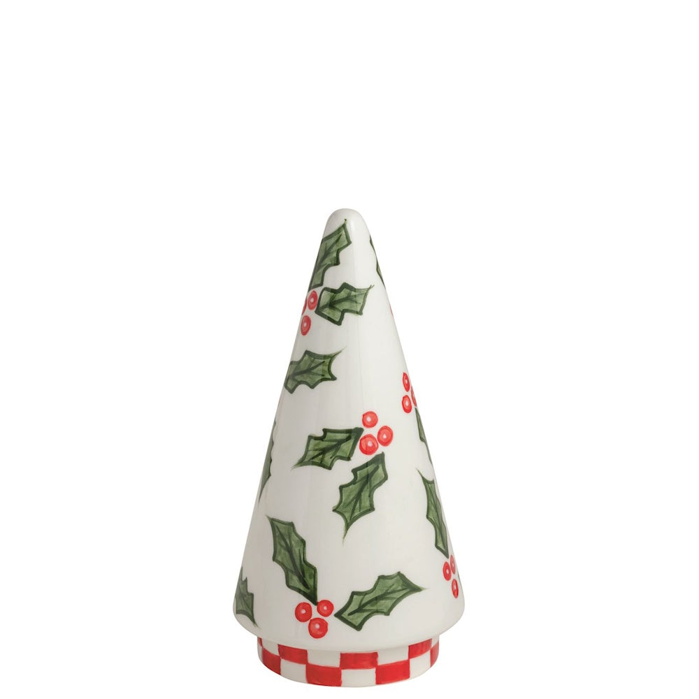 Single white ceramic cone Christmas tree with painted holly leaves and a red checkered base.