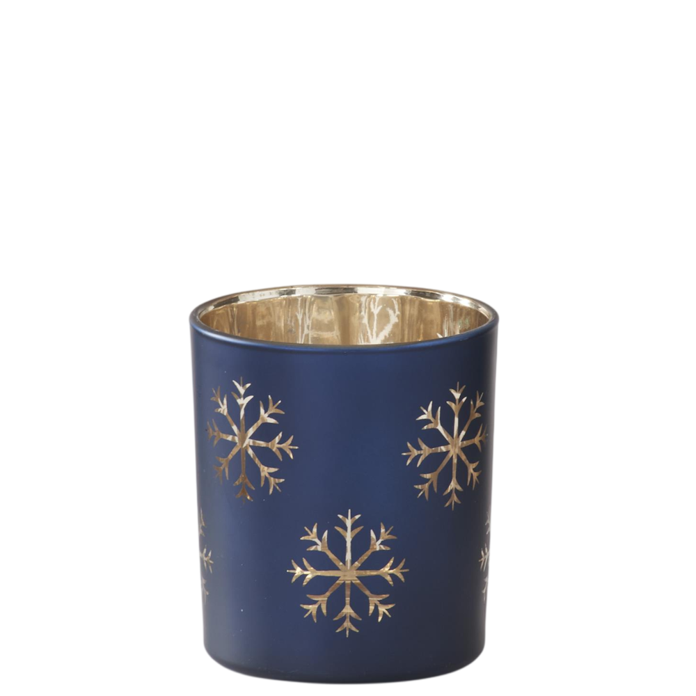 Small matte blue glass container with gold snowflakes and a reflective gold interior.