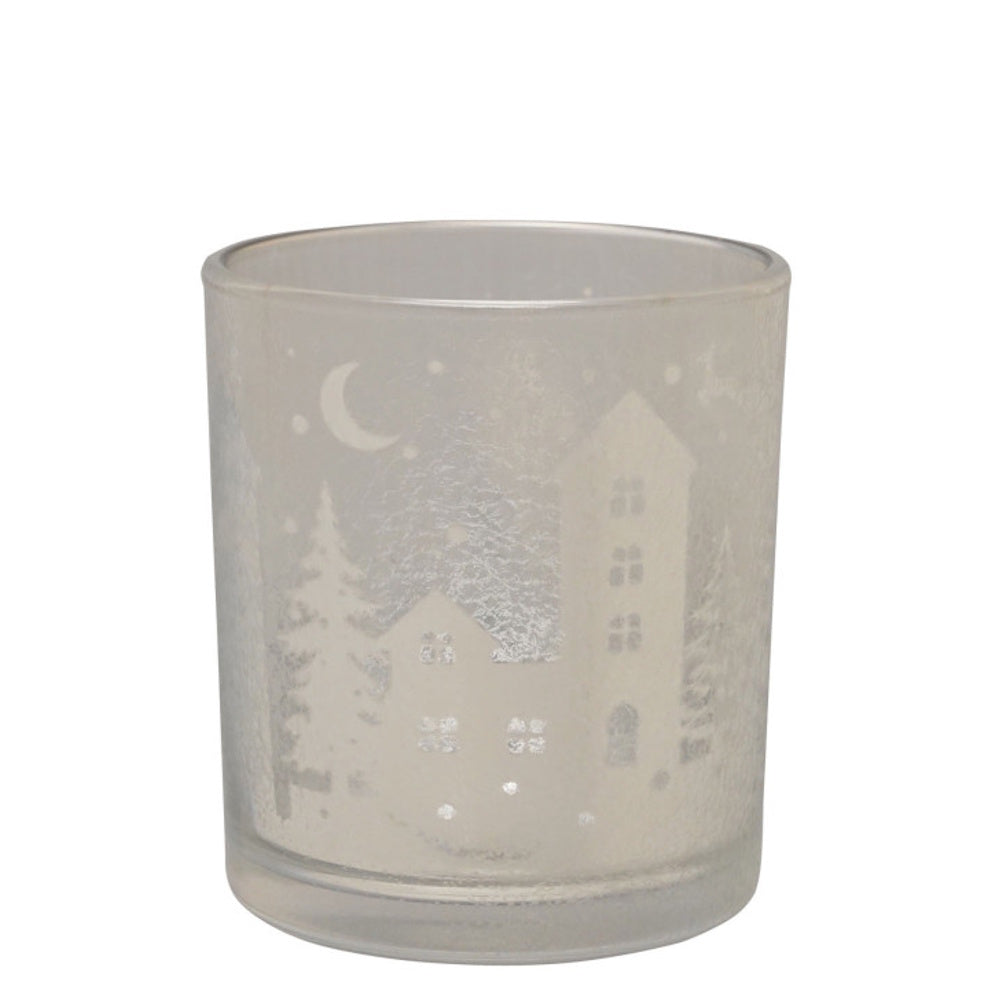 Frosted mercury glass votive holder etched with a winter village, crescent moon, and pine trees.