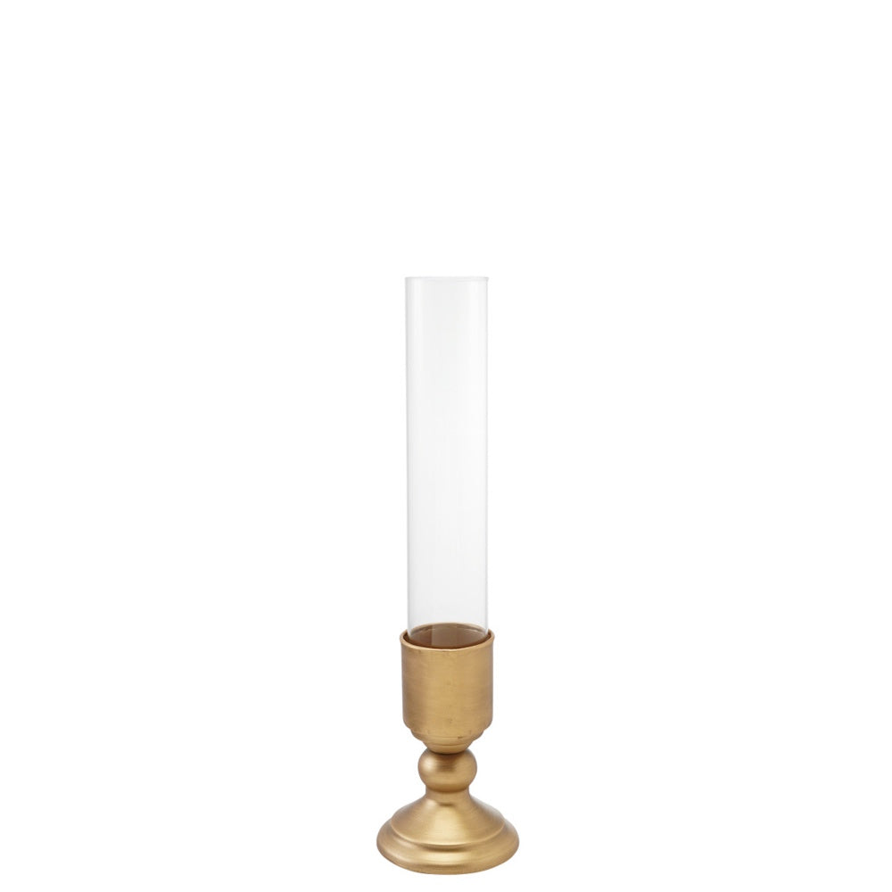 Brass taper candle holder with a clear glass hurricane glass sleeve.