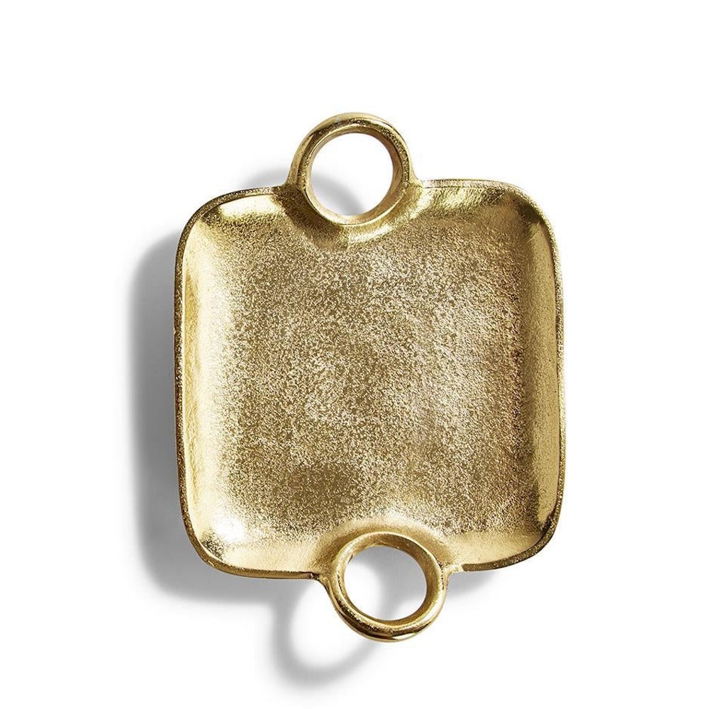 Small textured gold metal square tray with two circular ring handles on a white background.