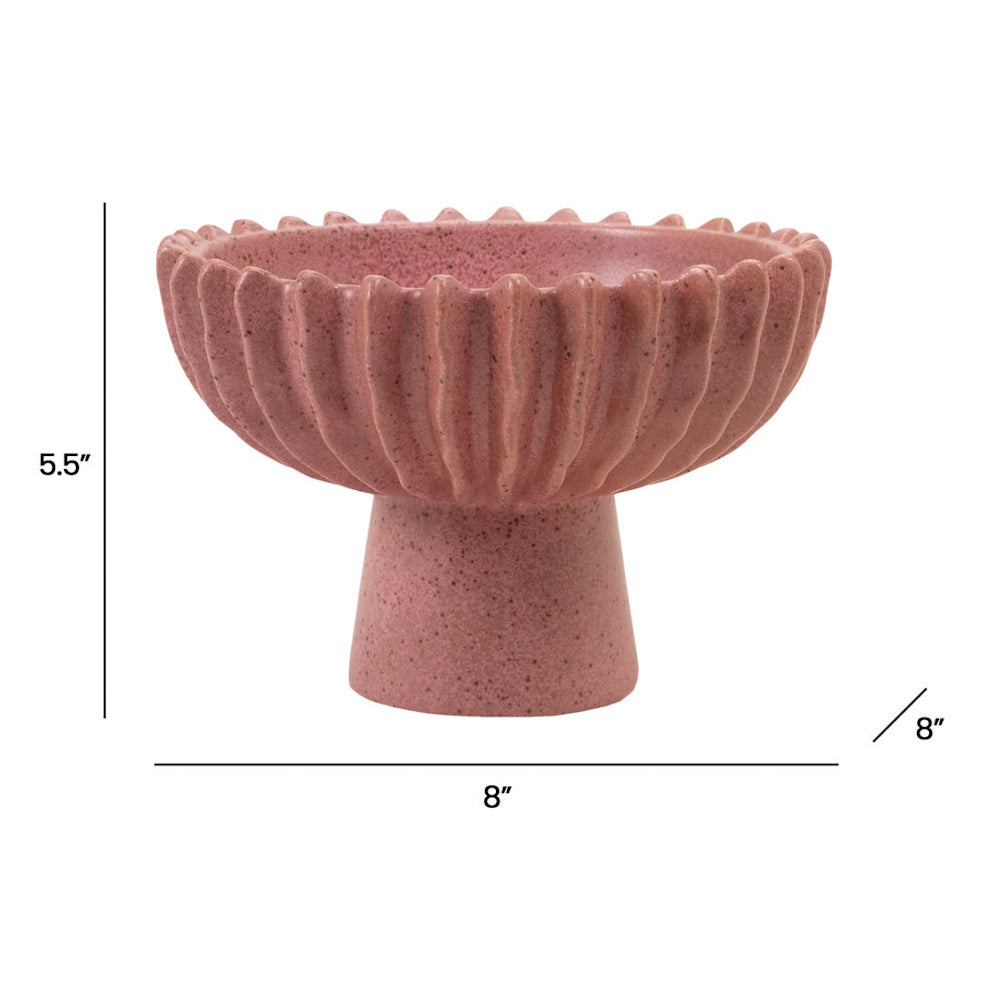 Pink speckled pedestal bowl with a scalloped, ribbed rim. Dimensions: 5.5 inches tall by 8 inches wide.