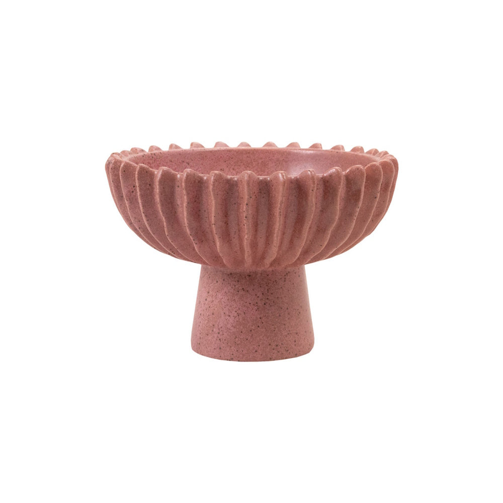Small pink speckled ceramic pedestal bowl with a fluted, scalloped rim on a white background.