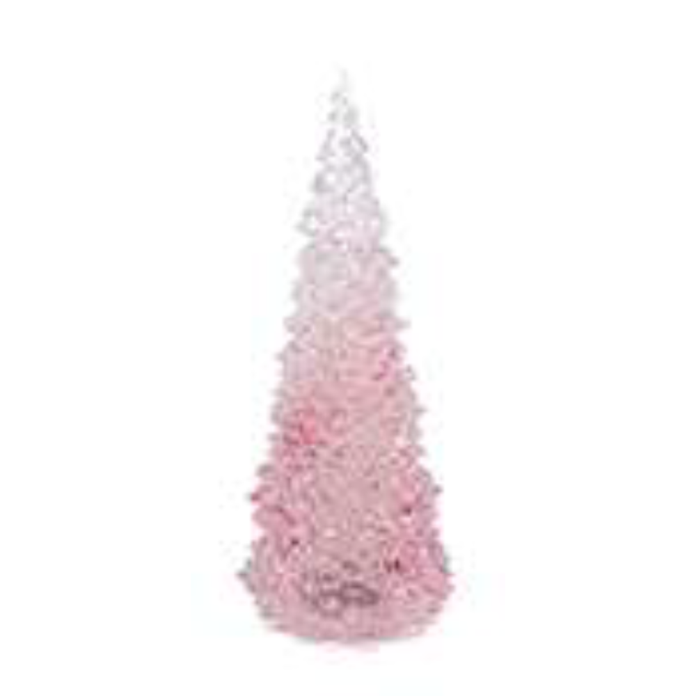 Small pink glass Christmas tree figurine with a frosted white top from a front view.