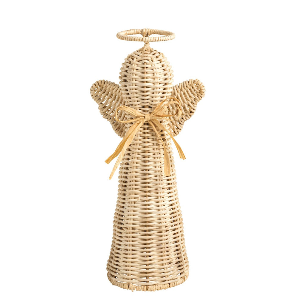 Woven natural rattan angel figurine with wings, halo, and raffia bow tie detail.