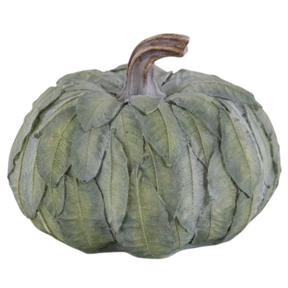 Decorative green pumpkin sculpture made of layered leaves with a brown stem against a white background.